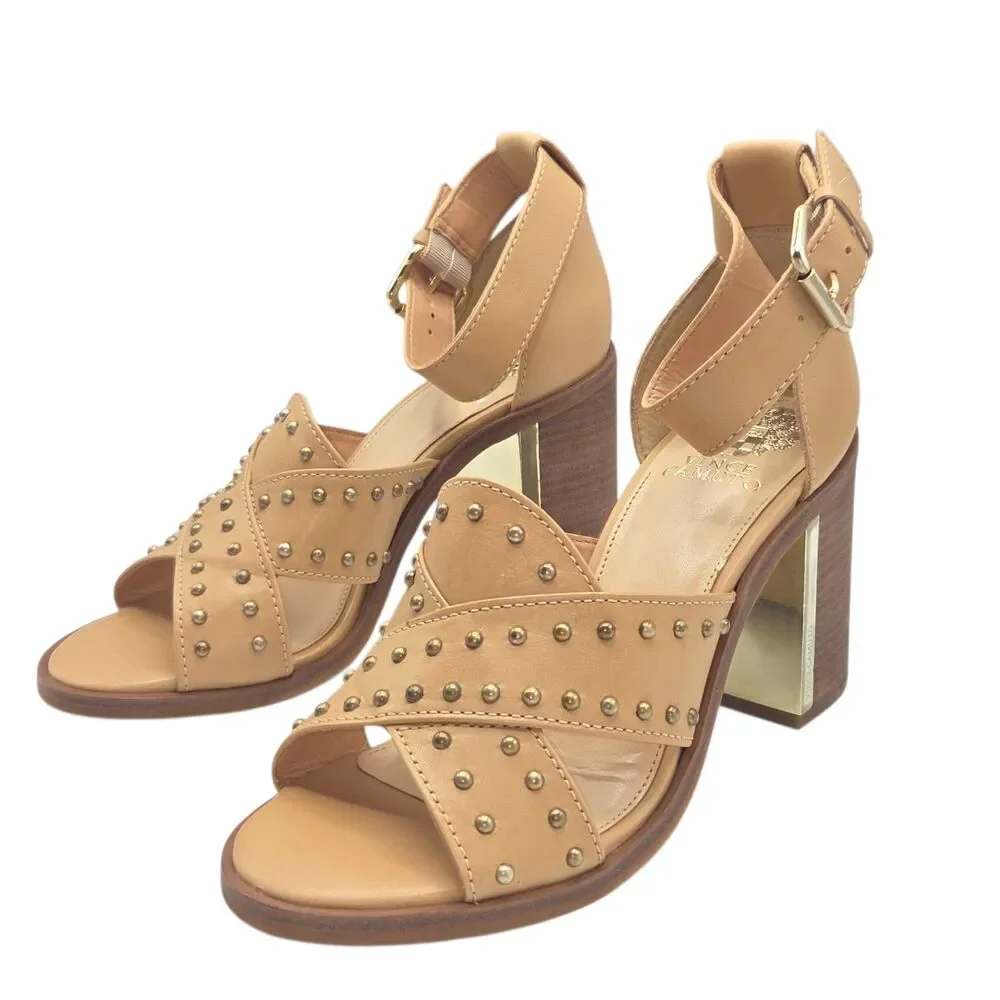 Vince Camuto VC-KERESHA Leather Open Toe Ankle Strap Sandals 8.5M Tan Brazil NEW